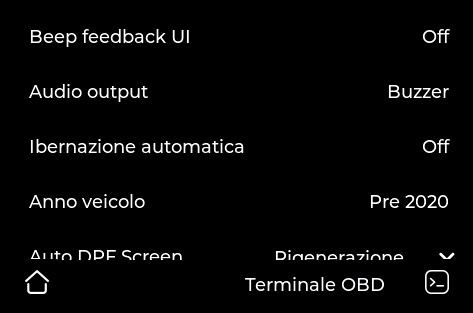 Impostazioni anno veicolo e Auto DPF Screen
